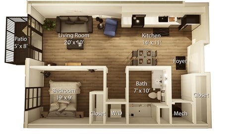 Floor plan for 1 bed, 1 bath, 823 sqft